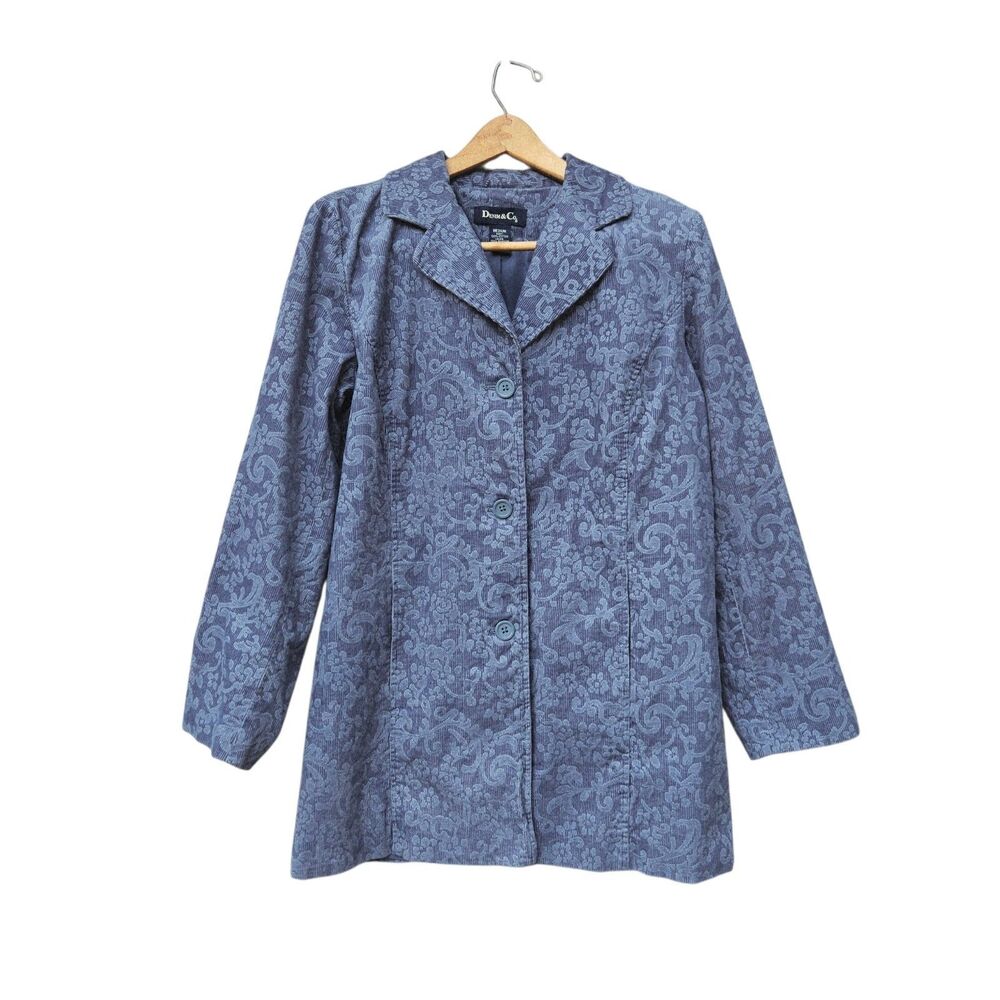 Denim & Co Denim Blue Mid Length Corduroy Jacket Coat Medium Demask Lined
